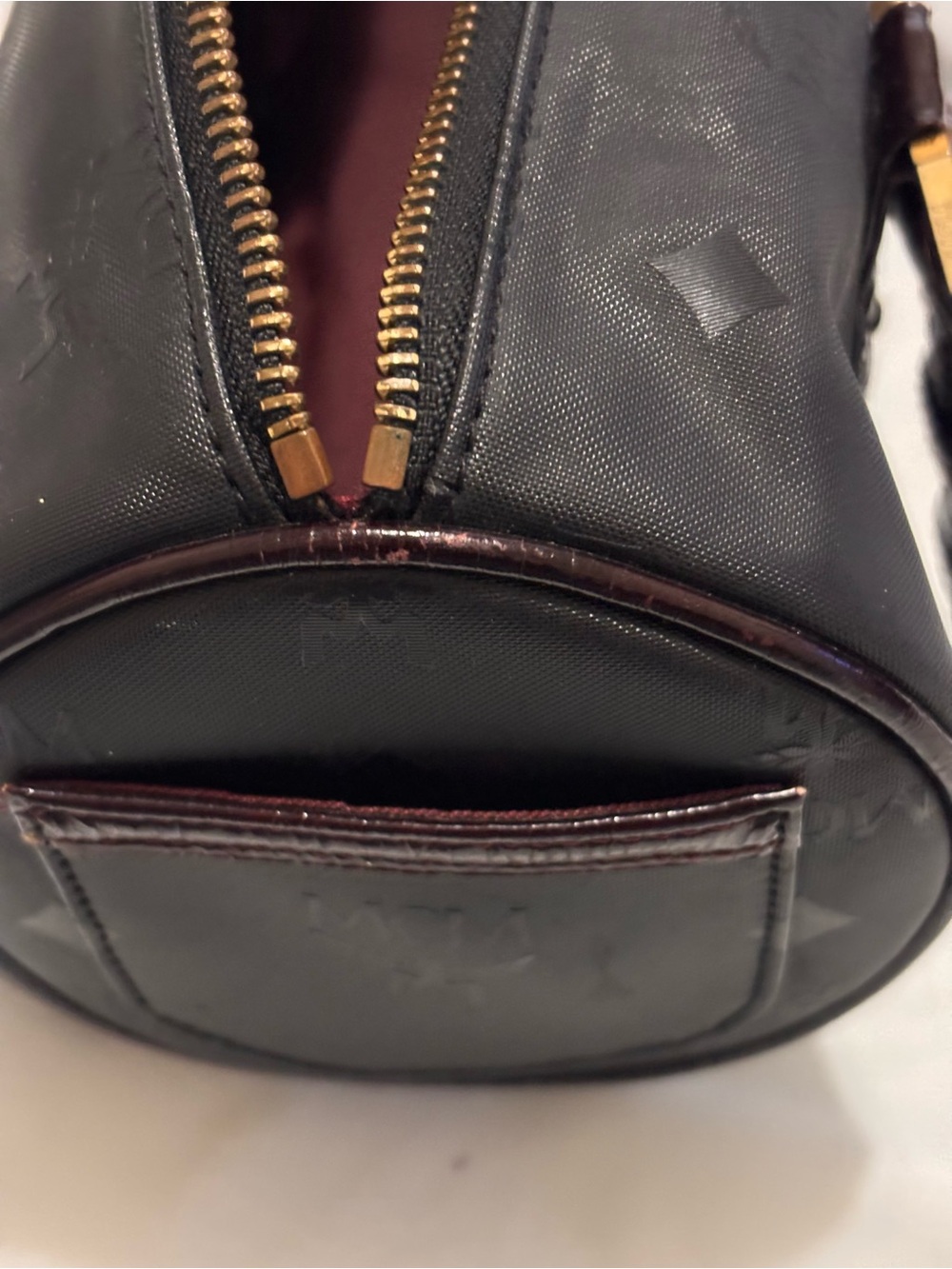 MCM Black Monogram Tote with Burgundy Interior and Gold Hardware, Honshu circle.